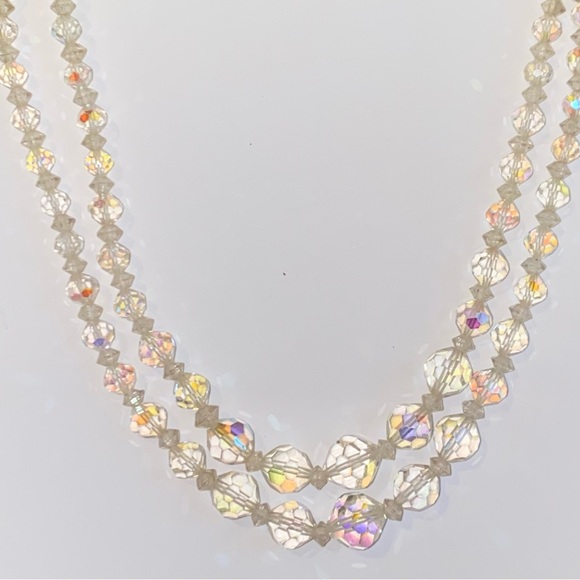 Vintage Aurora Borealis Double Stranded Beaded Choker 15" Necklace - Picture 1 of 6